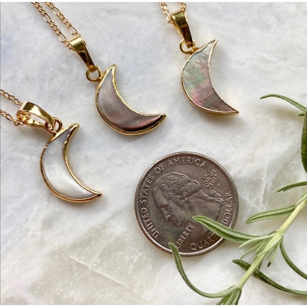 1 LEFT! Mother of Pearl Crescent Moon 22K Gold Necklace - Picture 4 of 11